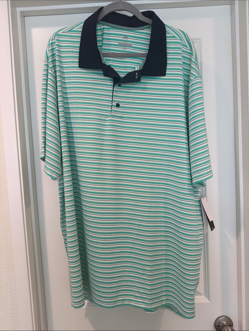 adidas Men's Mint Green & White Striped Polo with Navy Collar